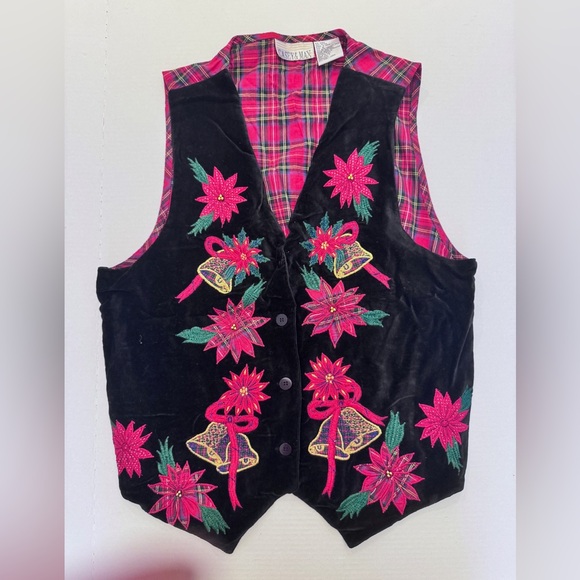Casey & Max Jackets & Blazers - Vtg Casey & Max Christmas Holiday Vest Red Black Velvet Plaid Bells Poinsettia